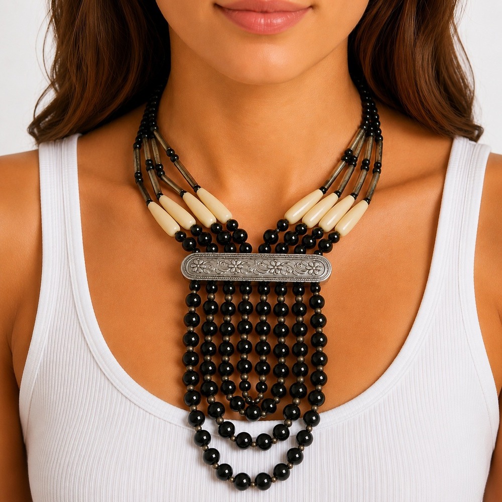 Vintage Multi Strand Beaded Statement Necklace Boho Tribal Festival Southwestern